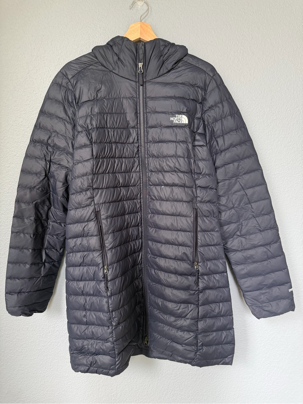 The North Face Women's Navy Blue Long Quilted Hooded Puffer Jacket